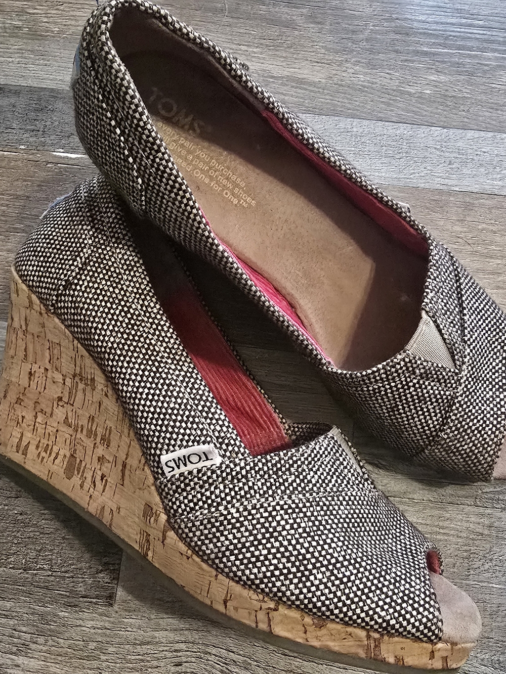 Toms Black & White Woven Cork Wedge Peep-Toe
